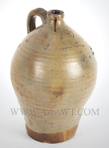 Stoneware Ovoid Jug, Ochre Stain, Impressed Eagle and Cannon, Carpenter
Charlestown, Massachusetts
Circa 1812, entire view